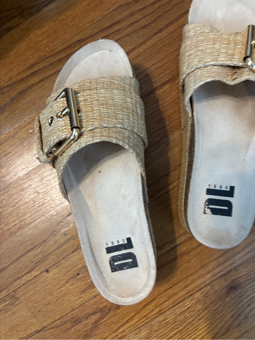 Woven Buckle Slide Mules in Natural Beige